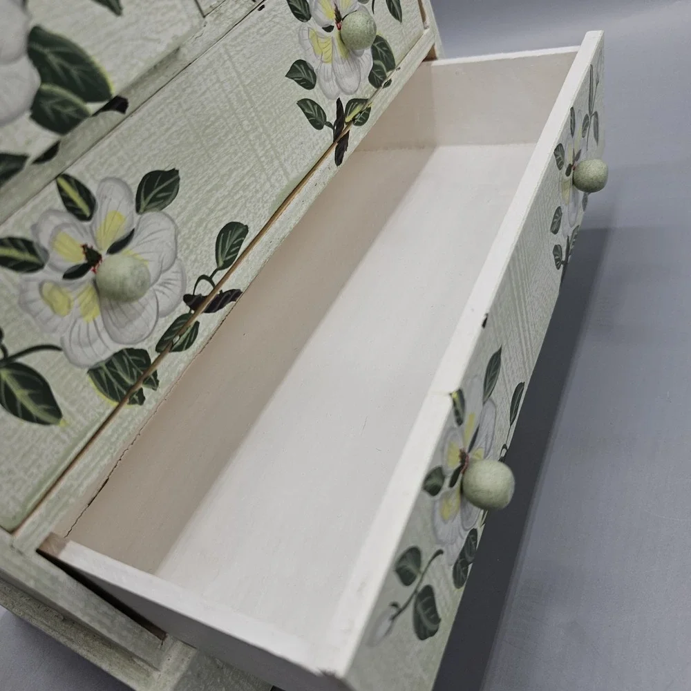 Vintage 90s Floral Wooden Jewelry Box Cottagecore Grannycore Magnolia Flowers